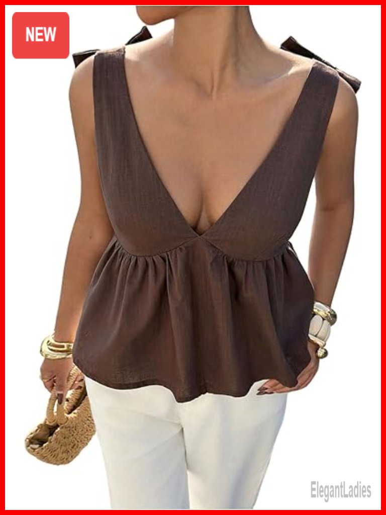 Peplum Bow Tie Backless Deep V Neck Flowy Tank Top
